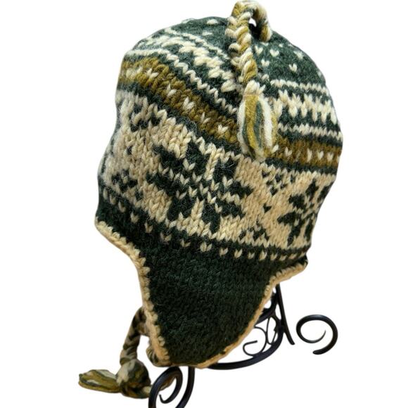 Vintage Nepali Knit 100% Wool Chullo Beanie Hat Youth Green Cream Fair Isle - Picture 7 of 8